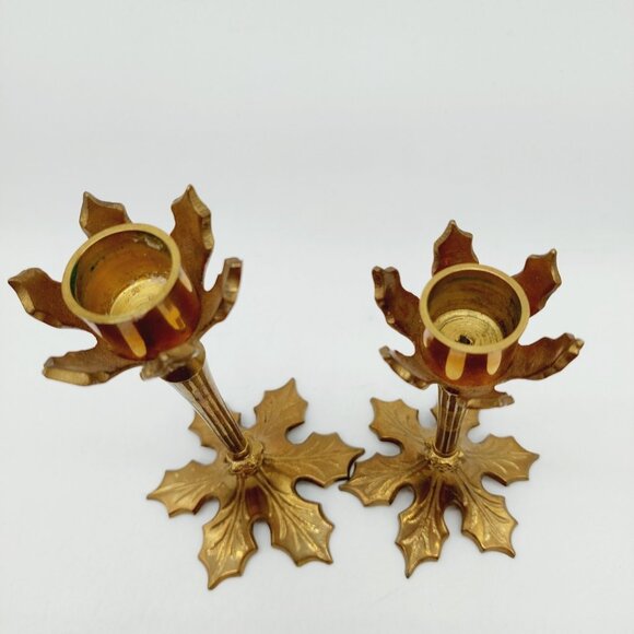 Brass Candlesticks Leaf Base 5.5" & 6 in Set Of 2 Two Sizes - Picture 2 of 8
